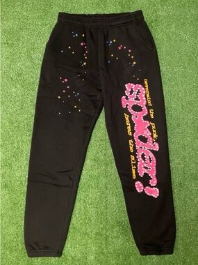 Black Sweatpants with Pink 'Sp5der ' Script and Multicolor Stars